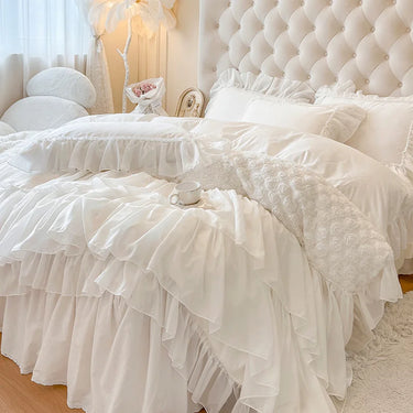 Luxury White Korean Princess 100% Cotton Rose Flowers Lace Bedding